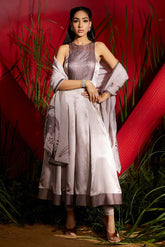 Dull Mouse Crinkled Satin Anarkali Set